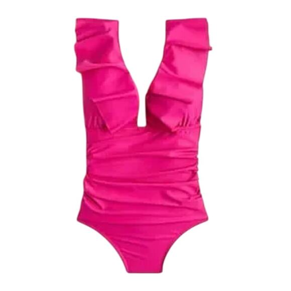 J Crew Womens Ruched Ruffle One Piece Swimsuit Size 4 Pink Vneck Open Back - Picture 1 of 8